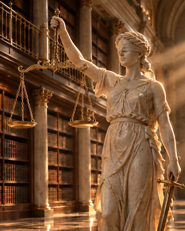 Statuja e Zonjës së Drejtësisë në bibliotekë